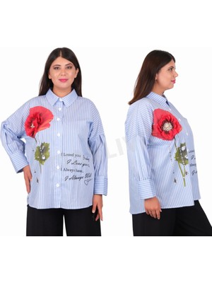 AlanyaXXL Büyük Beden Çiçek Motifli Slogan Yazılı Çizgili Gömlek