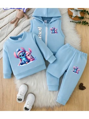 Punix Kids Punıx Kıds Özel Üretim Stitch Kar Tatili Baskılı %100 Pamuk Kışlık Kız Çocuk Yelekli 3 Lü Eşofman Takımı