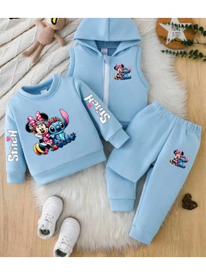 Punix Kids Punıx Kıds Özel Üretim Minnie ve Stitch Baskılı %100 Pamuk Kışlık Kız Çocuk Yelekli 3 Lü Eşofman Takımı