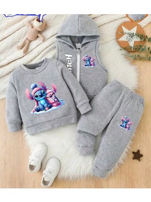 Punix Kids Punıx Kıds Özel Üretim Stitch Kar Tatili Baskılı %100 Pamuk Kışlık Kız Çocuk Yelekli 3 Lü Eşofman Takımı