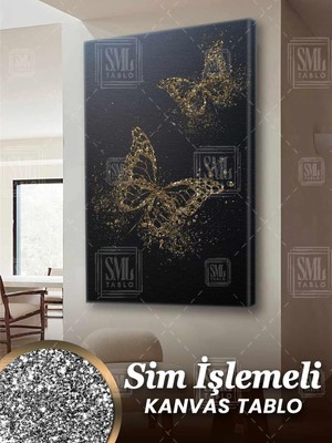 SML Tablo Simli Altın Pırılıtlı Kelebek Modern Gold Dekoratif Sim Işlemeli Dikey Kanvas Tablo