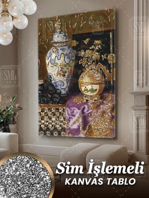 SML Tablo Sim Işlemeli Çini Vazo ve Işlemeli Mor Örtü Antika Simli Dikey Kanvas Tablo