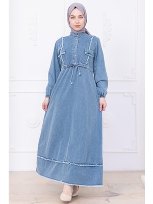 Eteği Püsküllü Düğmeli Bağlamalı Kot Elbise Mavi HM2673