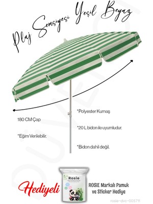Düvenci Toptan Plaj Şemsiyesi Yeşil Beyaz 180 cm Çap 8 Telli Eğim Verilir Bidonsuz ve Rosie Hediye