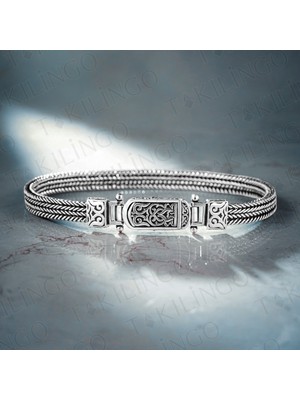 Takılingo 925 Ayar Gümüş Kazaziye Çizgili Tasarım El Işi Erkek Bileklik