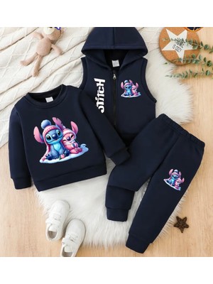 Punix Kids Punıx Kıds Özel Üretim Stitch Kar Tatili Baskılı %100 Pamuk Kışlık Kız Çocuk Yelekli 3 Lü Eşofman Takımı