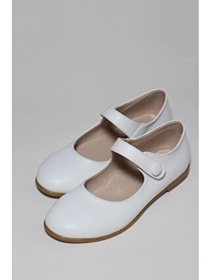 Kız Çocuk Düğmeli Beyaz Mat Ortopedik Babet Ayakkabı