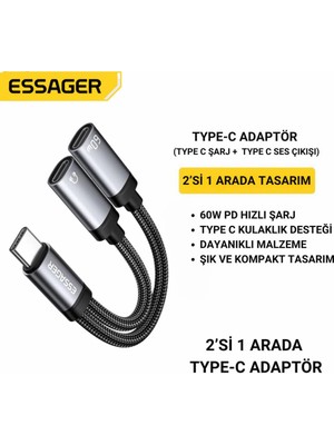 Essager 60W Şarj 2in1 Type-C To Type-C Dönüştürücü Çevirici Çoklayıcı Hızlı Şarj Type-C Kulaklık Çıkışı, Hifi Ses ve Hızlı Şarj Adaptörü