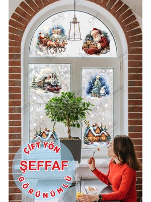 Empressco Çift Yönlü Yılbaşı Temalı Kar Taneleri ve Tren Sticker Seti, Renkli Dekorasyon