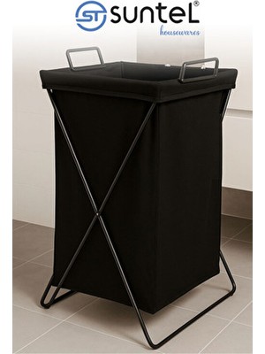 Suntel Katlanabilir Kumaş Çamaşır Sepeti – Siyah Metal Gövdeli, Siyah Renk Torbalı