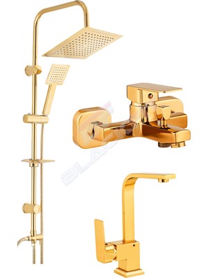 Blackfit Gold Kare Banyo Seti Tepe Duş Seti Lavabo ve Banyo Bataryası Çeşmesi