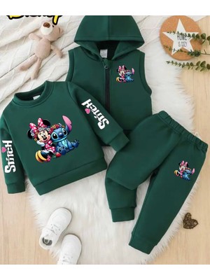 Punix Kids Punıx Kıds Özel Üretim Minnie ve Stitch Baskılı %100 Pamuk Kışlık Kız Çocuk Yelekli 3 Lü Eşofman Takımı