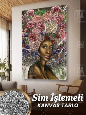 SML Tablo Sim Işlemeli Renkli Çiçek Kafalı Afrikalı Kadın African Woman Simli Dikey Kanvas Tablo
