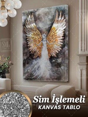 SML Tablo Sim Işlemeli Altın Kanatlı Melek Angel Soyut Abstract Simli Dikey Kanvas Tablo