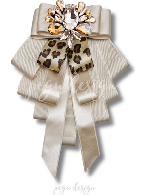 Pegu Shine Seri Ekru Grogren Leopar Kurdele Taşlı Yaka Çiçeği Broş Okul,iş,şal,gömlek