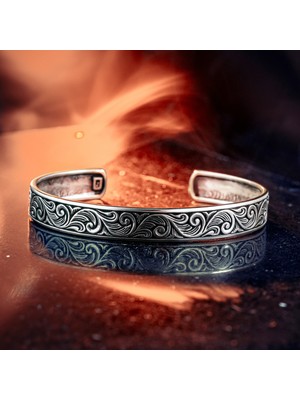Takılingo 925 Ayar Gümüş Kalem Işlemeli Osmanlı El Yapımı Açık Cuff Erkek Bileklik