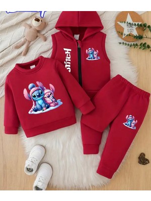 Punix Kids Punıx Kıds Özel Üretim Stitch Kar Tatili Baskılı %100 Pamuk Kışlık Kız Çocuk Yelekli 3 Lü Eşofman Takımı