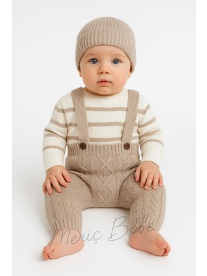 Erkek Bebek Çizgili Kazaklı Bereli Baklava Desenli Salopet Hediyelik 3lü Takım
