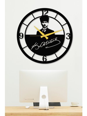 Empressco Imzalı Atatürk Portreli Siyah Metal Duvar Saati 60X60 cm - Ev ve Ofis Dekoru