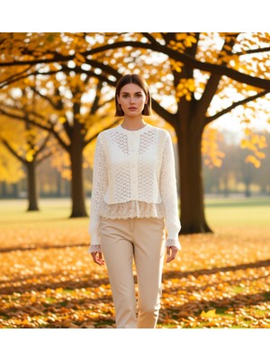 Benerly Kadın Crop Ajurlu Triko Hırka Dantel Garnili Bisiklet Yaka Uzun Kollu Hafif Dokulu Tasarım