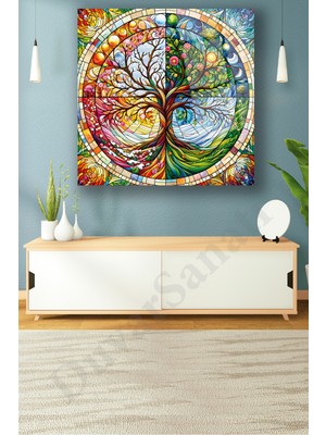 Marsilyan Rengarenk Hayat Ağacı Kare Cam Tablo, Modern Ev Salon Ofis Dekorasyonu Büyük Duvar Dekoru