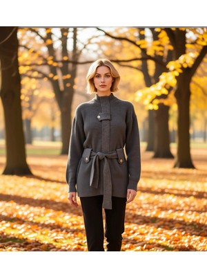 Benerly Kadın Triko Ceket Kuşak Detaylı Uzun Kollu Dik Yaka Örgü Hırka Konforlu Rahat Kesim Günlük Stil