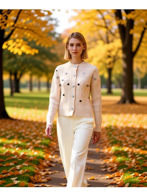 Benerly Kadın Işıltılı Taş Detaylı Örgü Dokulu Bisiklet Yaka Düşük Omuz Uzun Kollu Triko Hırka Şık