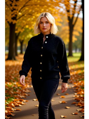 Benerly Kadın Antrasit Taş Detaylı Düğmeli Triko Hırka Standart Kesim Kışlık Günlük Giyim Rahatlığı