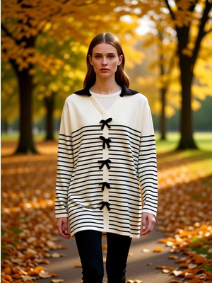 Benerly Kadın Çizgili Polo Yaka Fiyonk Detaylı Uzun Kollu Triko Tunik Kazak Modern Görünüm Sunar Şık