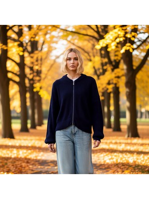 Benerly Kadın Antrasit Bomber Yaka Fermuarlı Triko Hırka Fonksiyonel Dayanıklı Kaliteli Konforlu Şık