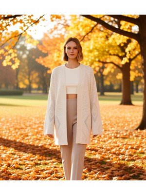 Benerly Kadın Ajurlu V Yaka Geniş Kalıp Midi Triko Hırka Fonksiyonel Dayanıklı Kaliteli Konforlu Şık