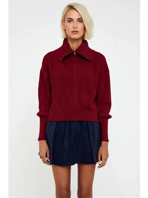 Benerly Kadın Geniş Kalıp Devrik Yaka Fermuarlı Triko Hırka Rahat ve Şık Görünüm Sunan Uzun Kollu Üst Giyim