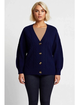 Benerly Kadın V Yaka Düşük Kol Saç Örgü ve Baklava Desenli Düğmeli Triko Hırka Rahat Kalıp Kışlık Şıklık