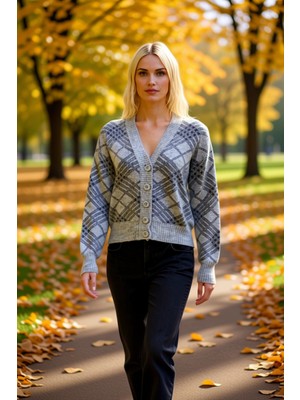 Benerly Kadınların Gardırobuna Zarif Dokunuş Katacak Yumuşak Triko Baklava Desenli V Yaka Hırka Rahat Kalıp