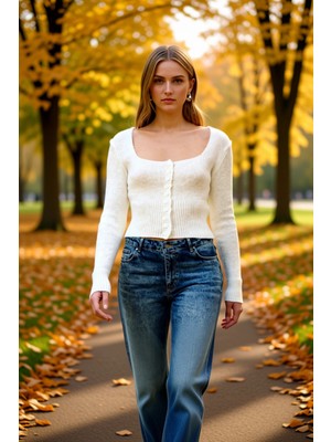 Benerly Kadın Crop Kare Yaka Fitilli Triko Hırka Vücudu Saran Yumuşak Dokulu Uzun Kollu Ince Örgü Şık