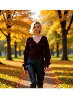 Benerly Kadın Günlük Şıklık Kruvaze Yaka Yumuşak Dokulu Selanik Örgü Uzun Kollu Rahat Triko Hırka Şık