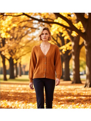 Benerly Kadın V Yaka Düşük Kol Saç Örgü ve Baklava Desenli Düğmeli Triko Hırka Rahat Kalıp Kışlık Şıklık