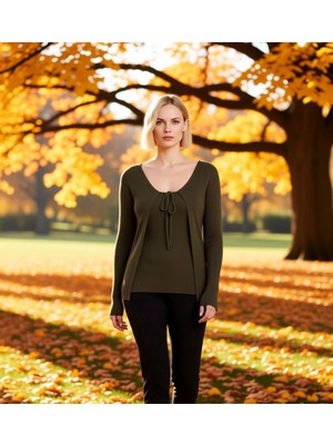 Benerly Kadın V Yaka Bağlama Detaylı Ince Triko Hırka ve Atlet Takımı Modern Kesim Gün Boyu Günlük