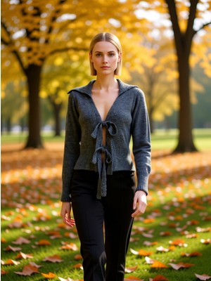 Benerly Kadın Polo Yaka Fiyonk Bağlamalı Crop Triko Hırka Uzun Kollu Modern ve Rahat Bir Stil Sunar