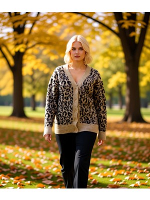 Benerly Kadın Leopar Desenli Yumuşak Tuşeli Rahat Kesim Triko Hırka Kışlık Kombinlerin Vazgeçilmezi