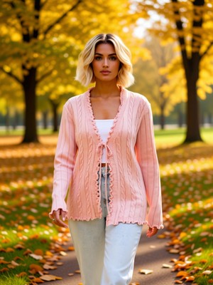 Benerly Kadın V Yaka Bağlamalı Saç Örgü Desenli Uzun Kollu Fitted Kalıp Triko Hırka Günlük Şıklık ve