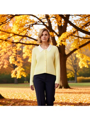 Benerly Kadın Şık Fitilli Dokuma Gömlek Yaka Detaylı Düğmeli Uzun Kollu Rahat Kesim Günlük Triko Hırka