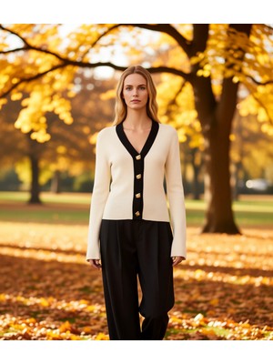 Benerly Kadın Renk Bloklu V Yaka Uzun Kollu Düğme Detaylı Triko Hırka Günlük ve Özel Anlar Zamansız Şıklık