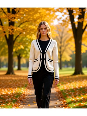 Benerly Kadın Regular Kesim V Yaka Renk Bloklu Triko Hırka Çin Düğmeli Cep Detaylı Uzun Kollu Şık Görünüm