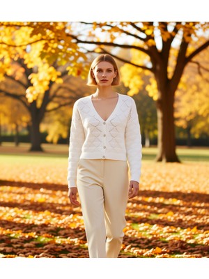 Benerly Kadın Ajurlu V Yaka Triko Hırka Fonksiyonel Dayanıklı Kaliteli Konforlu Estetik Premium Şık