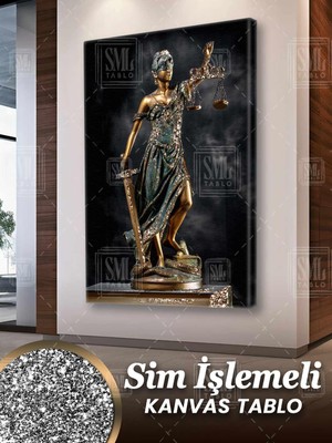 SML Tablo Sim Işlemeli Gözü Kapalı Bir Elinde Kılıç Bir Elinde Terazi Themis Adalet Hukuk Büro Simli Dikey Kanvas Tablo
