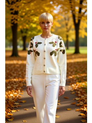 Benerly Kadın Yılbaşı Desenli Yumuşak Dokulu Düğmeli Triko Hırka Taş Işlemeli Kış Fonksiyonel Spor