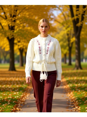 Benerly Kadın Nakış Detaylı Bağlamalı Regular Kalıp Triko Hırka Kışlık Şıklık Sunan Özgün Tasarım Şık