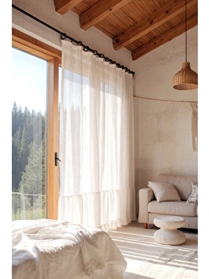 Cotton Maison Ekru Renkli Fırfırlı Keten Tül Perde 180 x 160 cm Vintage Tasarım Özellikli