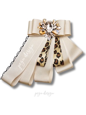 Pegu Shine Seri Ekru Grogren Leopar Kurdele Taşlı Yaka Çiçeği Broş Okul,iş,şal,gömlek